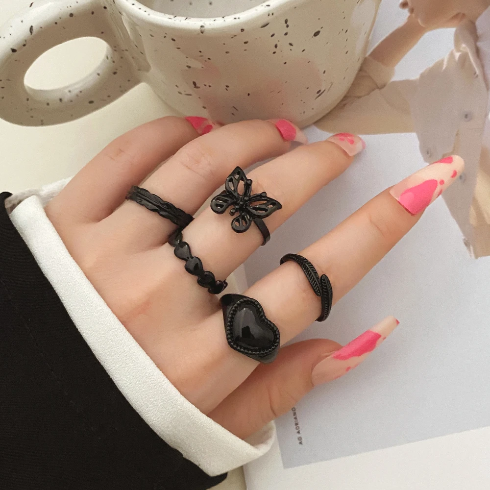 

KISSWIFE Fashion Women's Rings Set With Black Color Heart Butterfly Feather Finger Ring For Women Charm Jewelry 2022 Wholesale