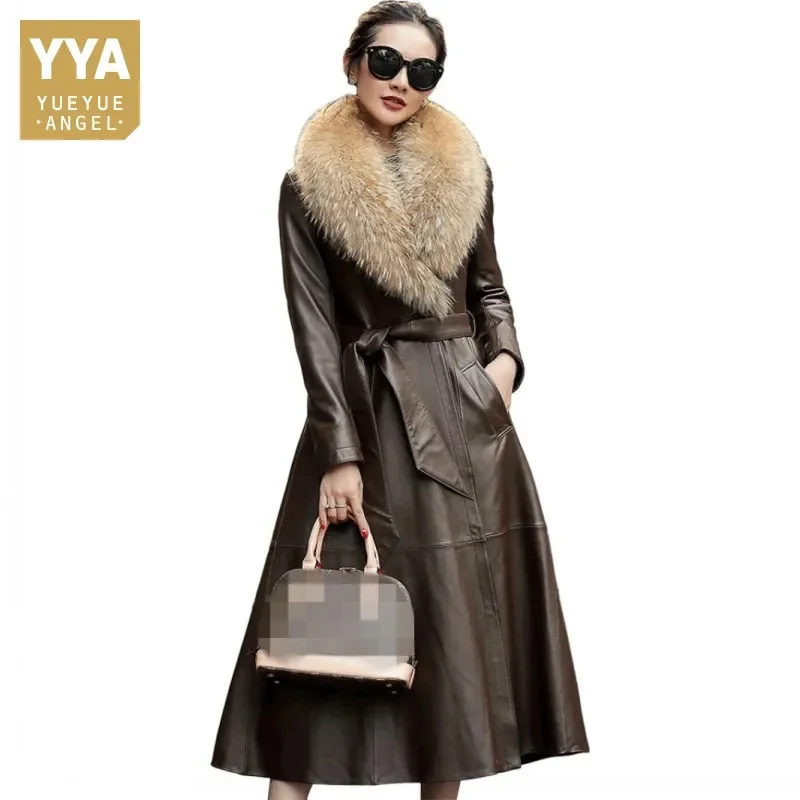 

Sheepskin Detachable Raccoon Fur Collar Down Coat Office Lady Long Elegant Sashes Slim Genuine Leather Jacket Women Thick Design