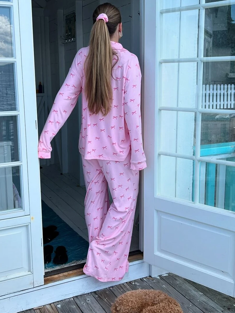 Женский пижамный комплект с бантом топы длинным рукавом и штаны одежда для сна