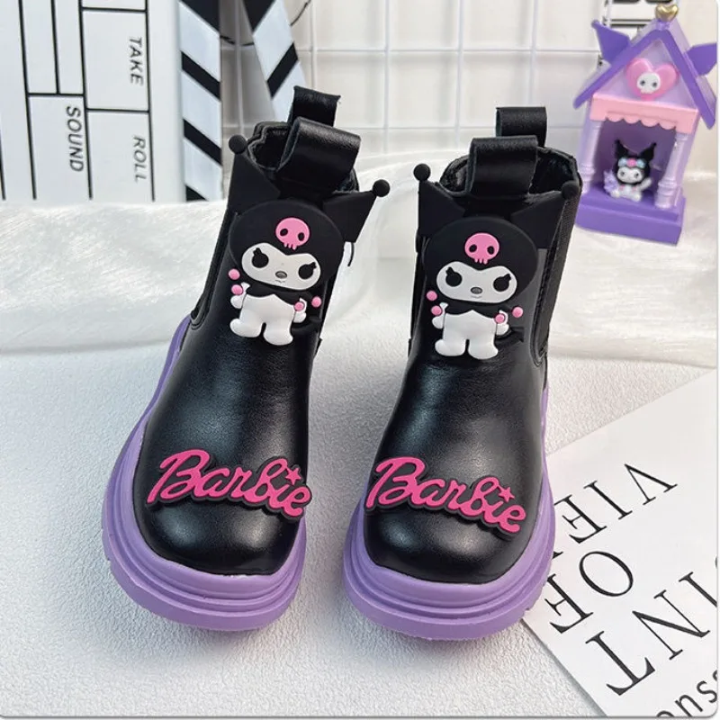 

Sanrios Kuromi Girl Child Martin Boots Kawaii Small Leather Shoes Spring Autumn Shoes Non-Slip High Top Round Toe Winter Boots