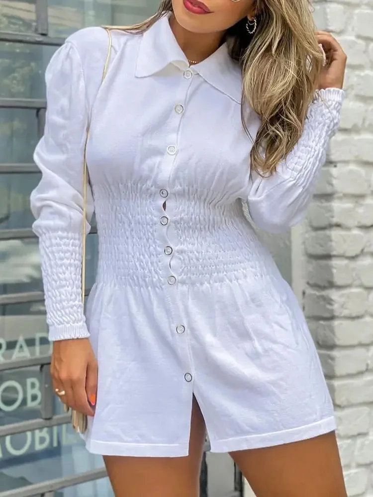 

Seedtotree Puff Sleeve Shirred Button Front Shirt Dress