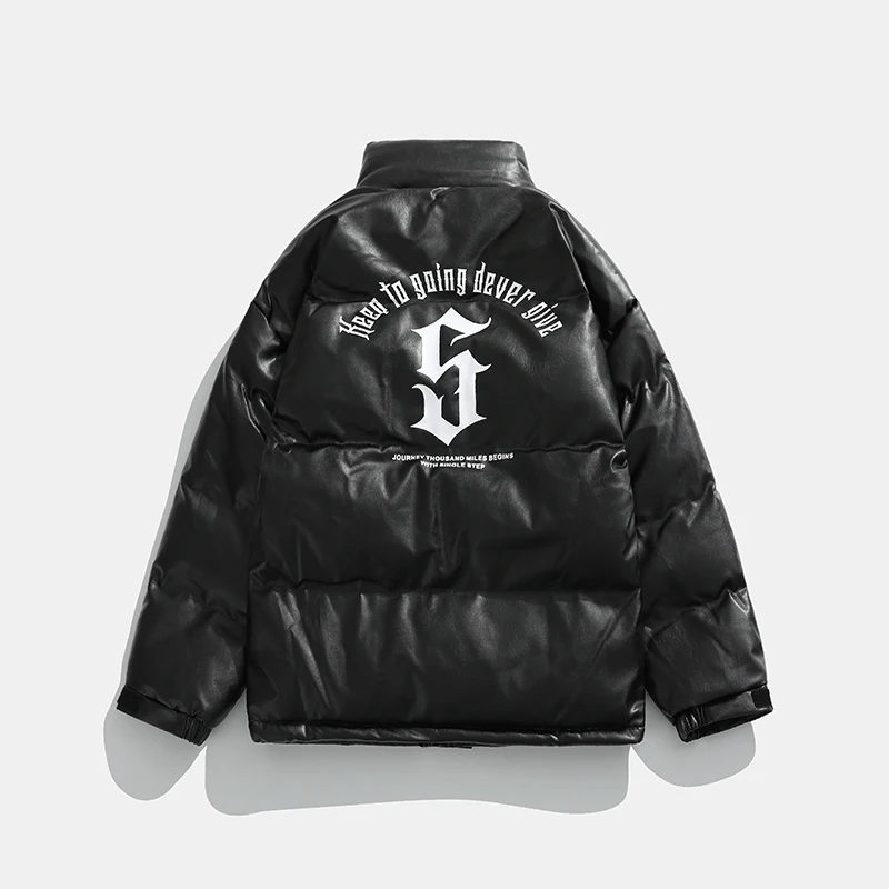 Mens Winter Jackets PU Leather Padded Parkas Harajuku Letter Printed Streetwear Hip Hop Oversized Casual Unisex Coats