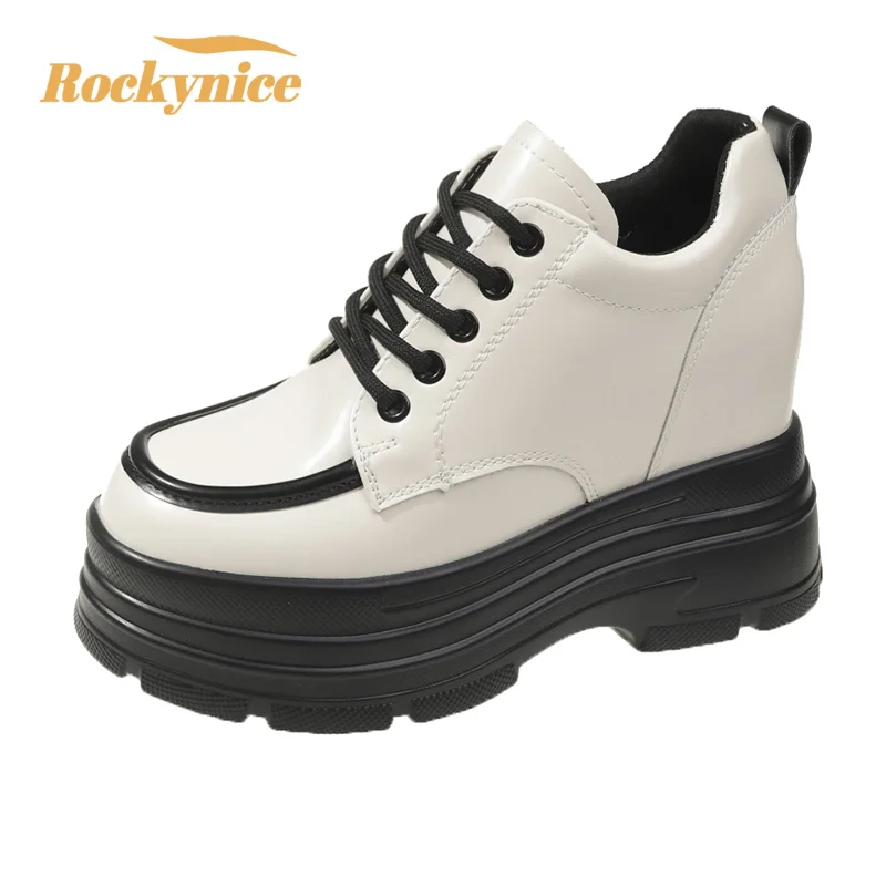 

Women's Platform Leather Sneakers 2023 Autumn Winter British Style Chunky Shoes Woman 6CM High Heels Ulzzang Sport Walking Shoes