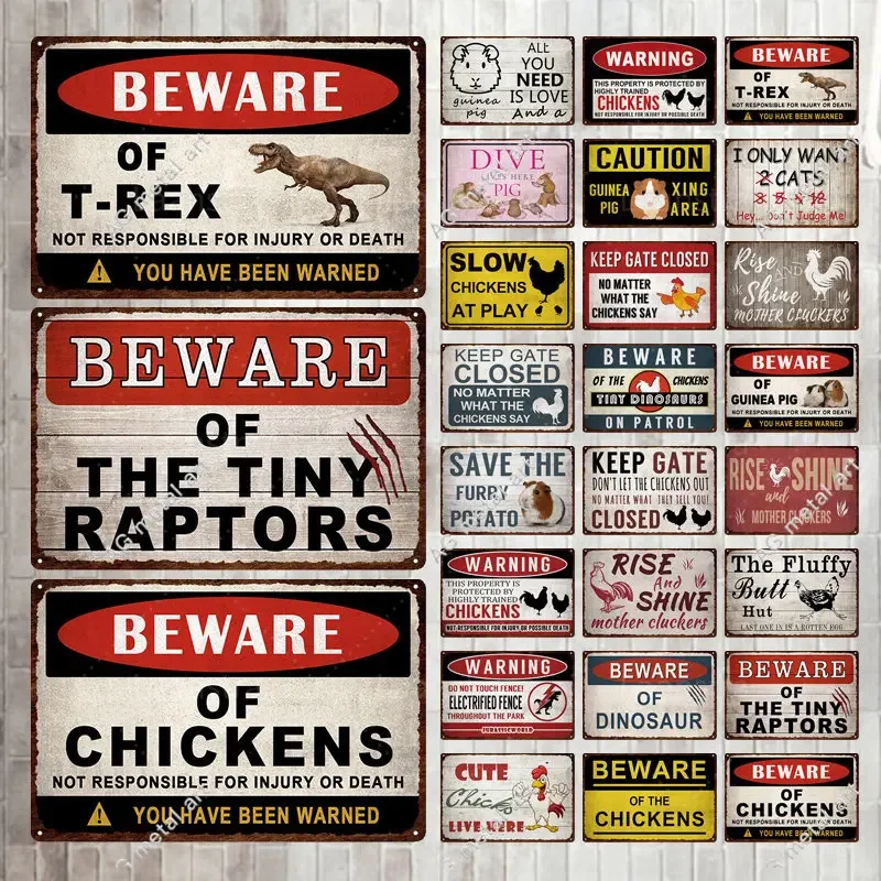 

Warning Vintage Sign Funny Bird of Prey Chicken Guinea Pig Metal Tin Signs For Courtyard Garden Farmhouse Home Decoration