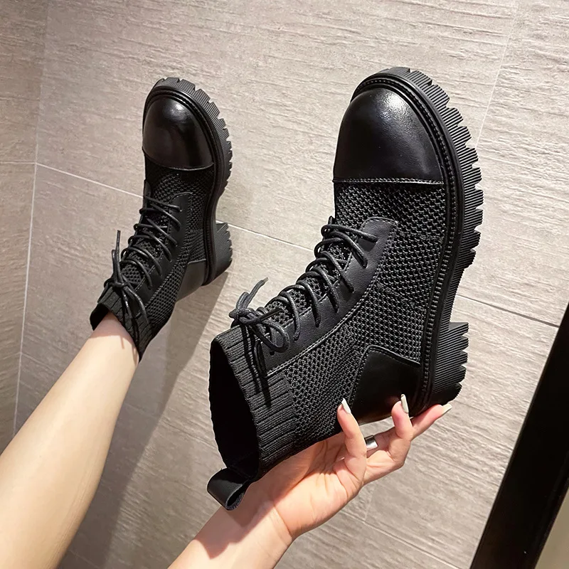 

2021 New Autumn Platform Boots Women Lace-up Breathable Mesh Ankle Boots Woman Thick Bottom Non-slip Short Booties Mujer