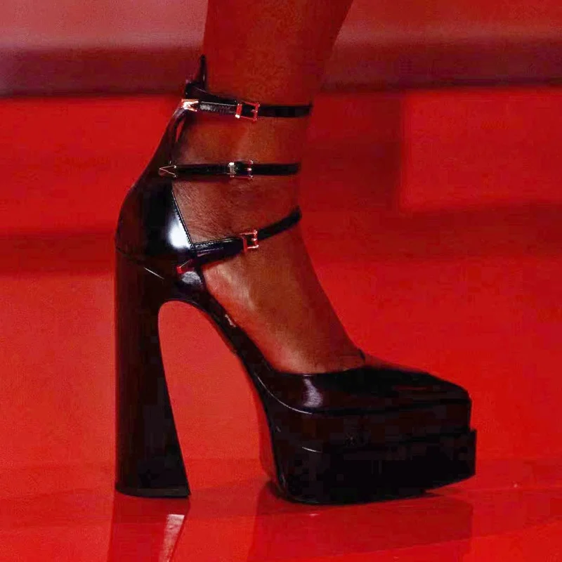 

2022 Brand Women Sandals Buckle Ankle Strap Pointed Toe Sexy Thick High Heels Platform Dress Party Wedding Lady Shoes 22-CHC-25
