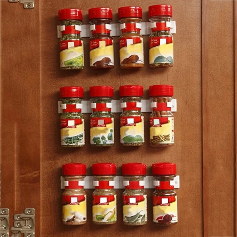 

2/4PC Spice Bottle Rack Kitchen Storage Wall Mount Ingredient Plastic Hooks Jar Holder Tool Adhesive Clip Cabinet Organizer Door