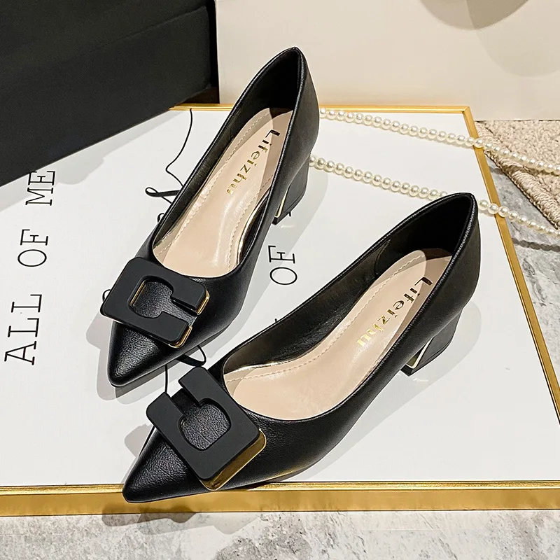 Plus Size 35-43 Women Pumps Pointed Toe Chunky 5cm Heel Pumps Office Lady Leahter Dress Shoes Fashion Buckle Slip on Female