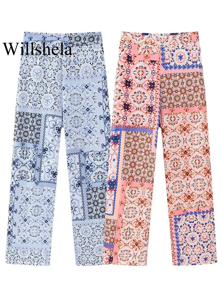 

Willshela женские модные прямые брюки с принтом на молнии сбоку, винтажные длинные женские брюки с высокой талией