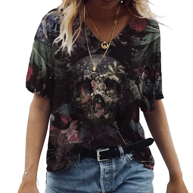 

Винтажная женская футболка, повседневный черный Модный пуловер с V-образным вырезом и коротким рукавом, Свободный Летний топ с принтом 2022 5XL