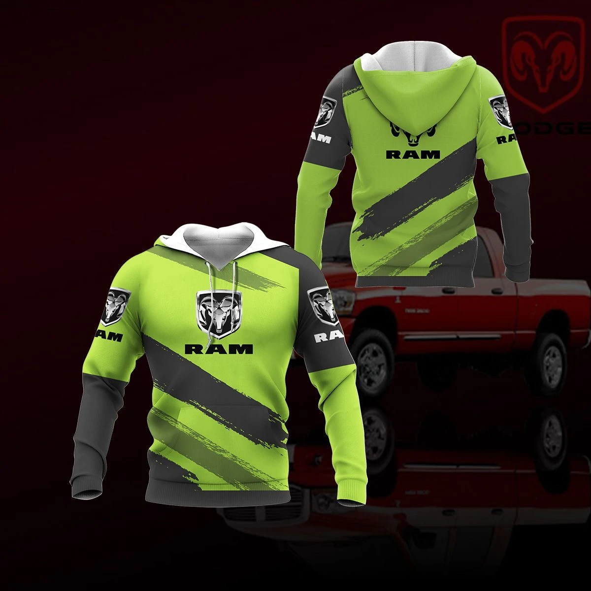 

New spring and autumn brand RAM car logo men's 3D digital printing hooded zipper shirt fashion casual sports unisex jacket RAM06