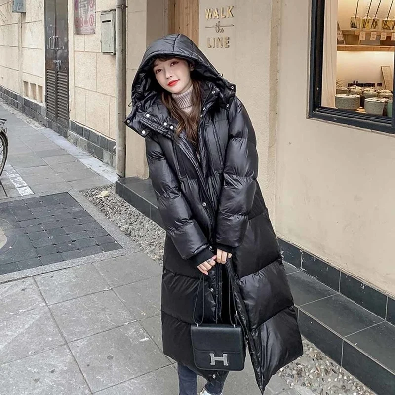 Fashion Off-season Shiny Down Padded Jacket Black Parka Coat Women's  Thick Winter Hooded Loose Long Coat Women's Warm Jacket