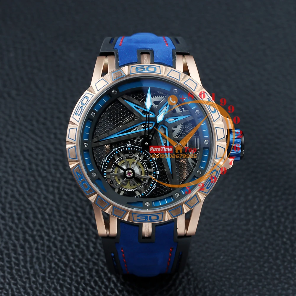 

Excalibur Spider Unique Series Tourbillon Automatic Mens Watch Rose Gold Black Skeleton Dial Blue Leather Rubber Puretime 2023