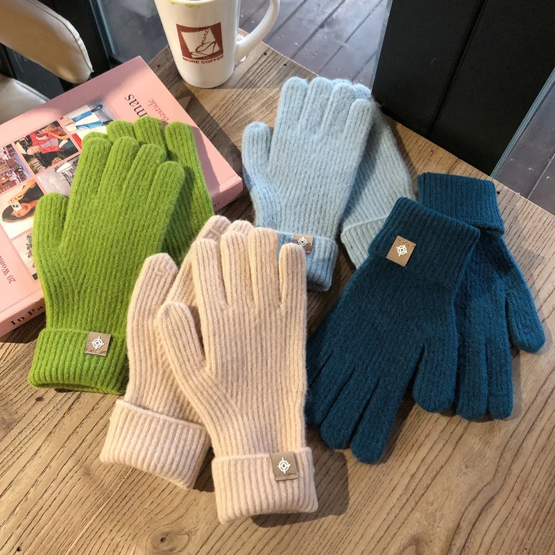 Touch Screen Wool Winter Gloves for Women Wrist Warm Solid Color Classic Knit Gloves for Woman