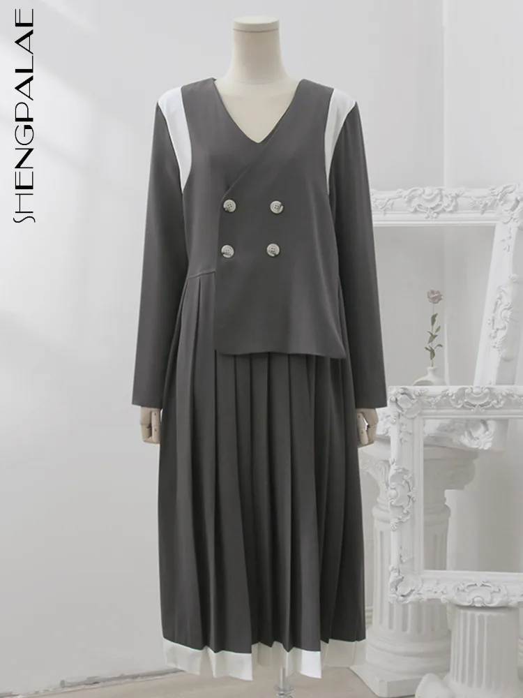 

SHENGPALAE корейский модный серый поддельный костюм из двух частей платье для женщин 2023 Весна Новый Повседневный длинный рукав плиссированный халат Vestido 5R2123