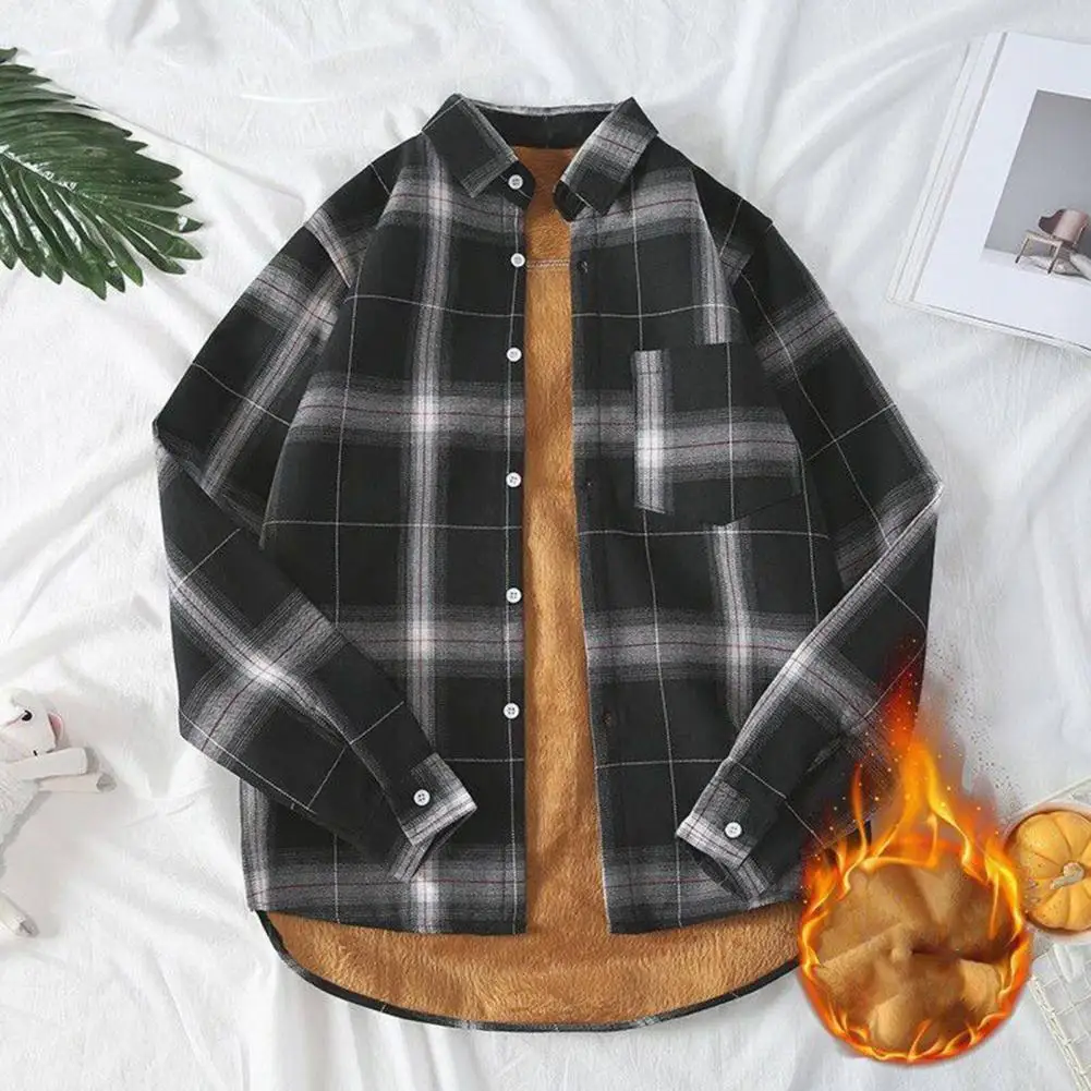 

Casual Lapel Collar Men Shirt Cozy Plaid Print Cardigan Warm Lapel Men's Shirt with Thick Plush Single-breasted for Fall/winter