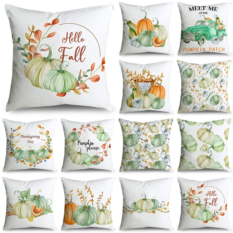 

New Autumn Thanksgiving Green White Pumpkin Leaves Throw Pillowcase Cushion Covers For Sofa Office Bedroom Decor Multiple Size