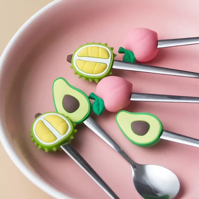 

2022New Fruit-shaped Stainless Steel Fruit Fork Spoon Creative Peach Durian Avocado Dessert Spoon Silicone+ Stainless Steel Fru