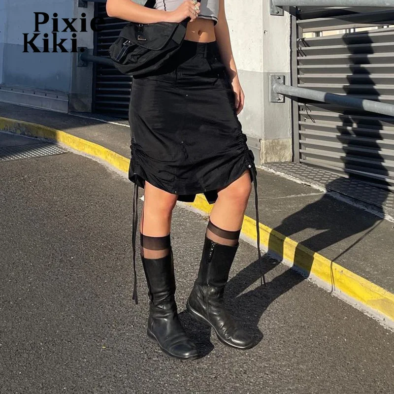 

PixieKiki Y2k Streetwear Drawstring Ruched Low Waisted Midi Skirts Dark Goth Clothes Women Sexy Black Cargo Skirt P77-DZ13