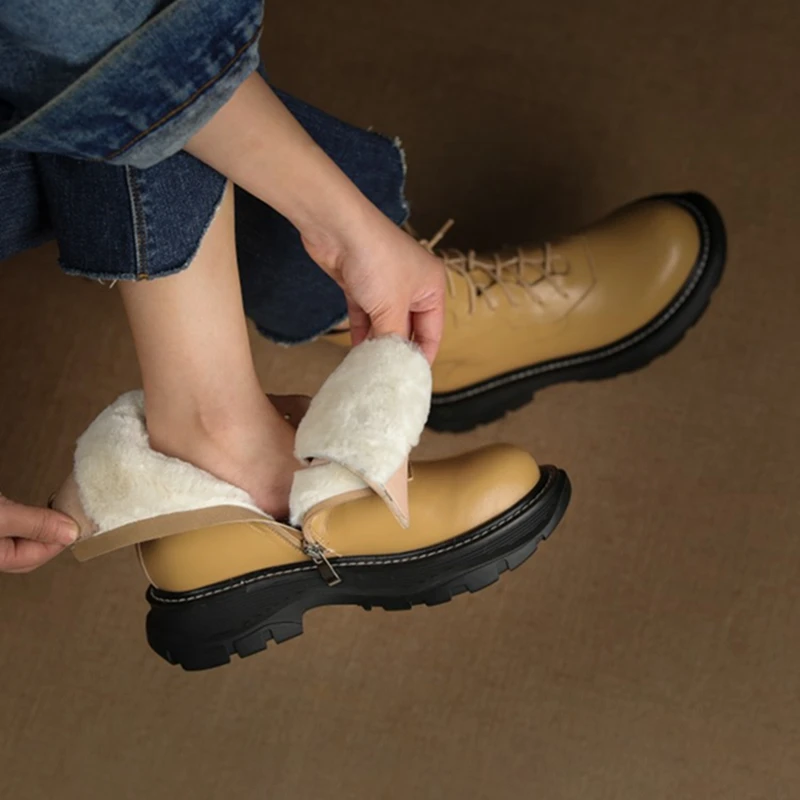 

Snow Boots Warm Fur Boots 2022 Winter Women Boots Flat Shoes Women Round Toe Leather Boots Solid Black Platform Boots for Women