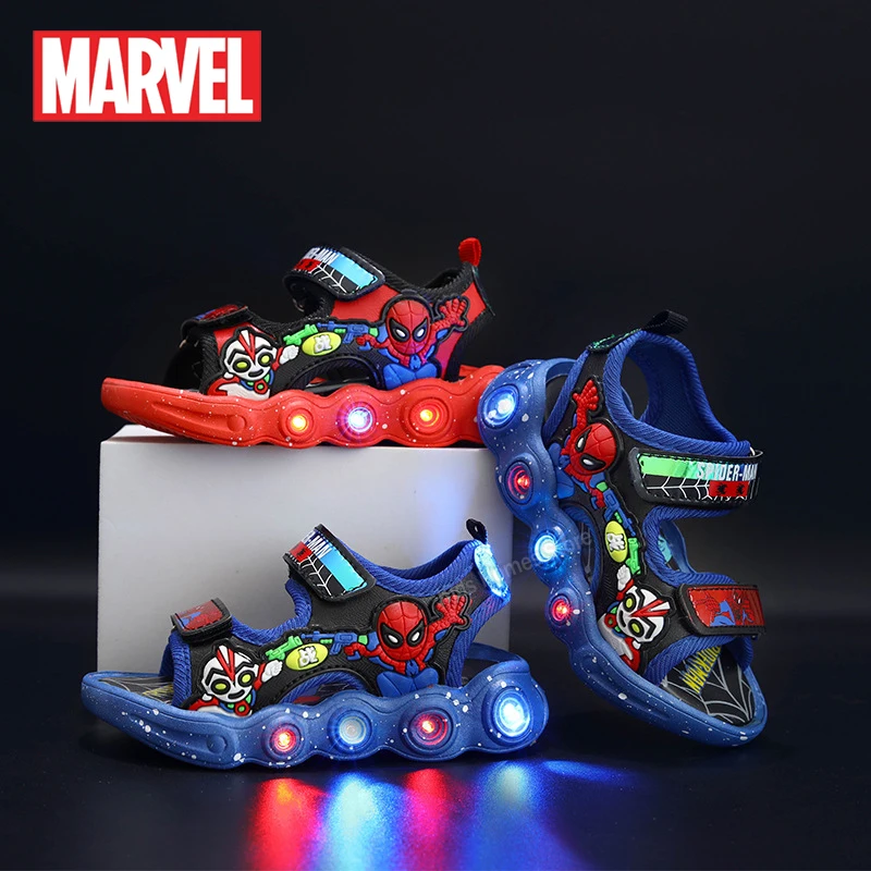 Детские дышащие сандалии Marvel со светодиодной подсветкой, искусственная кожа, мягкая подошва, летние пляжные сандалии для студентов