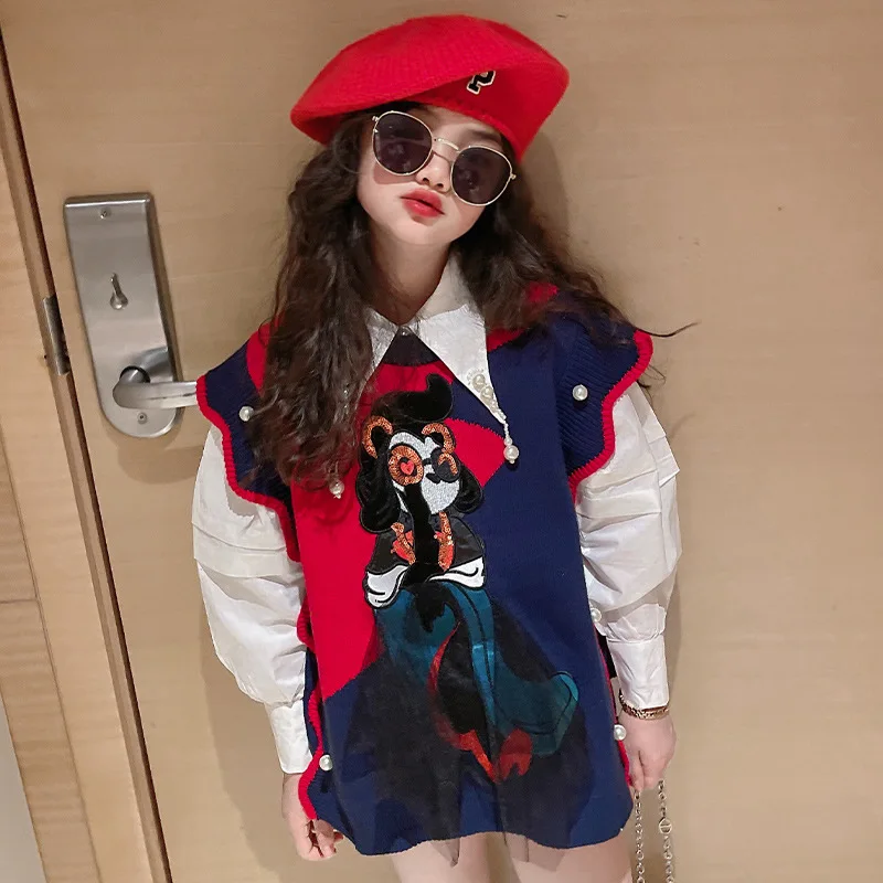 

Детская одежда для девочек, Модный повседневный костюм, осенняя рубашка + жилет, новая детская одежда, топ в стиле пэчворк с мультяшным рисун...