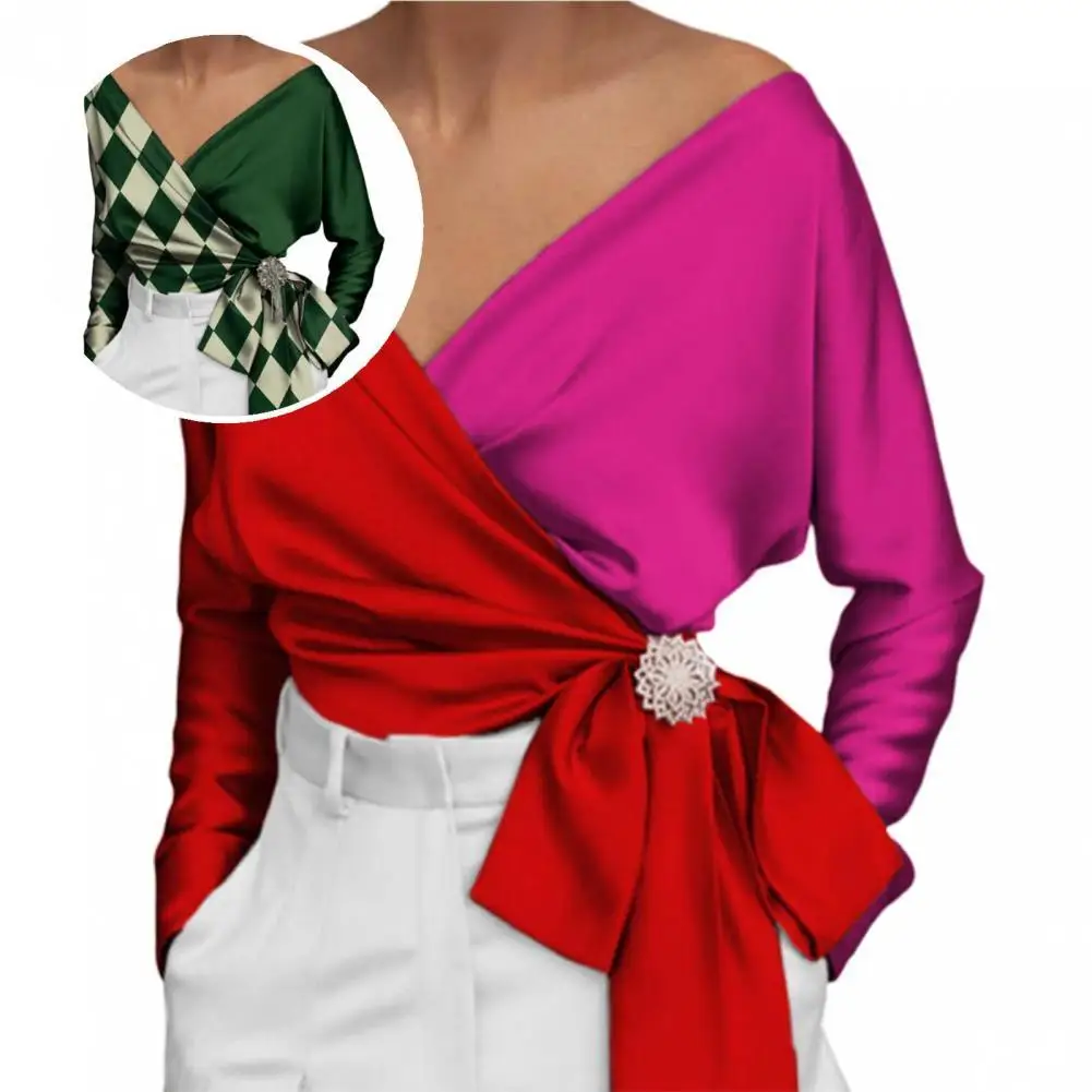 

Women Blouse Charming Flexible Breathable Printed Short V Neck Women Top Blouse Top for Friends