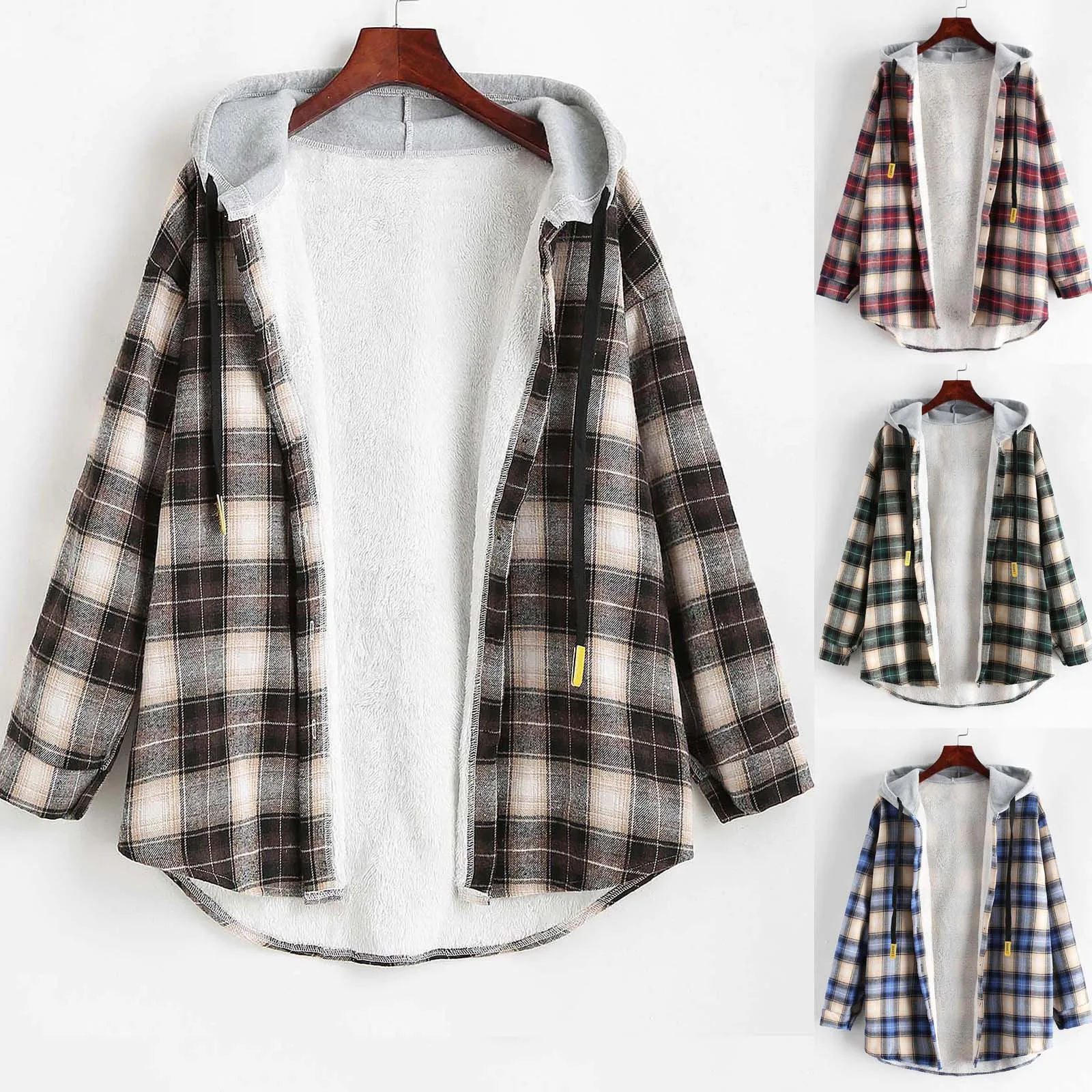 

Winter Clothes Women's Hoodie Sweatshirt Casual Long Sleeve Plaid Buttoned Curved Hem Hooded Warm Coat Jacket