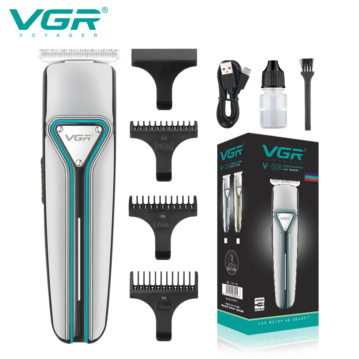 

VGR Hair Trimmer Professional Cordless Electric Beard Shaver Portable Rechargeable Haircut T-Blade Shaving Machine Barber V-008