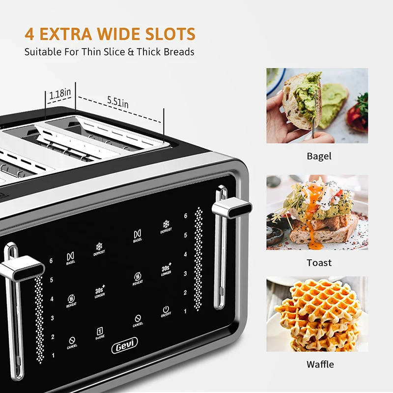 Gevi Toaster 4 Slice Led Display Touchscreen Bagel Toaster with Dual Control Panels of Bagel Setting Function 6 Shade GETAE402-U enlarge