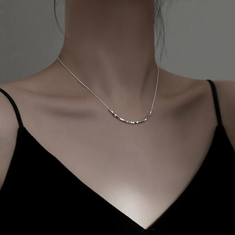 925 Sterling Silver Small Square Necklace Female 2022 New Light Luxury Clavicle Chain Girls Student Jewelry |