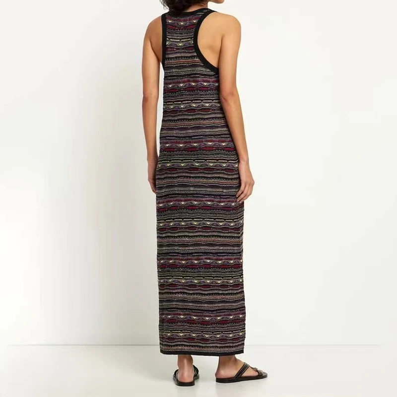 

2023 Spring/Summer New Vintage Colorful Striped Single Breasted Front Slit Knitted Vest Dress Women