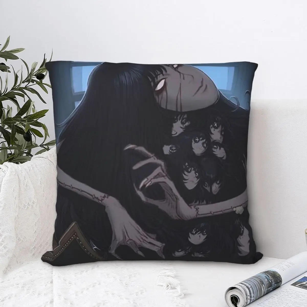 

Black Sad Girl Polyester Cushion Cover Junji Ito Horror Thriller Comics Writer Bedroom Chair Decorative Breathable