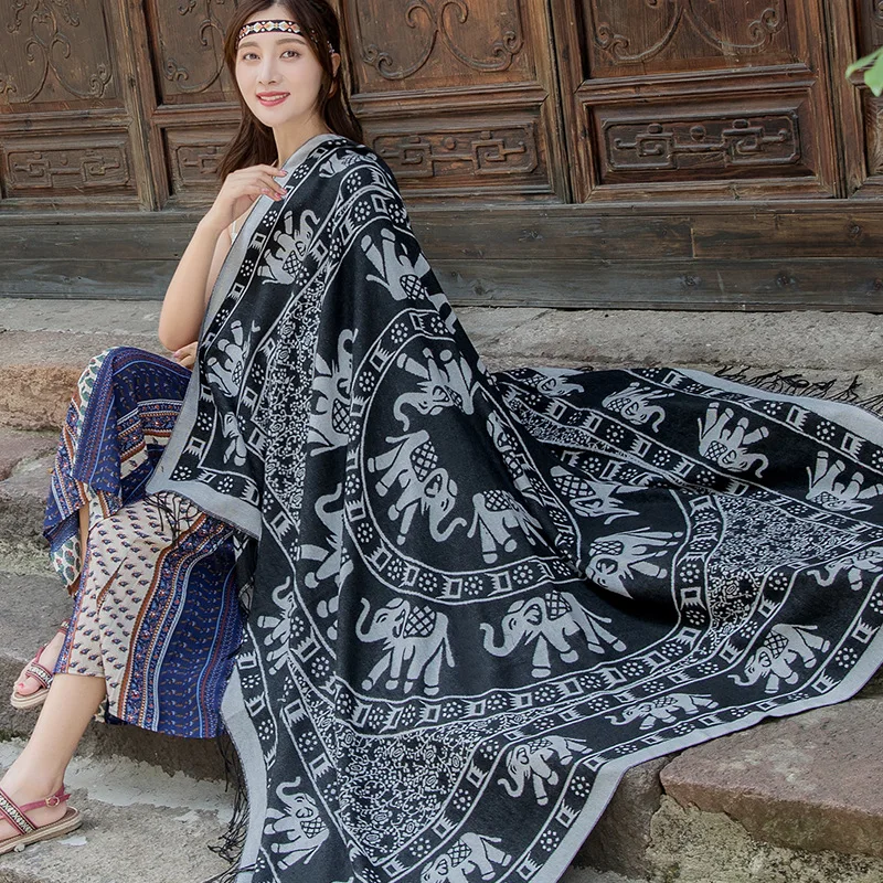 

Зимний женский кашемировый шарф, шаль в этническом стиле с принтом слона, роскошные женские теплые шарфы, шарфы с бахромой