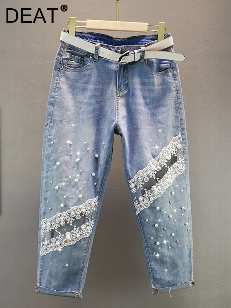 

DEAT Women's Jeans High Waist Ripped Lace Embroidered Flares Hollow Out Ankle-Length Denim Pants 2023 Summer New Fashion 29L2126