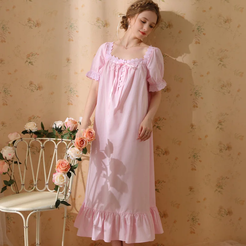 2023 Nightgowns Women Cotton Lace Short Sleeve Nightdress Princess Vintage Retro Sleepshirt Sleepdress Summer Nightwear Pajamas