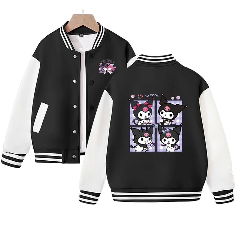 

Пальто для мальчиков и девочек Sanrio Kuromi, пальто на весну и осень, новинка, детская свободная спортивная куртка, Студенческая бейсбольная куртка, топ с мультипликационным рисунком
