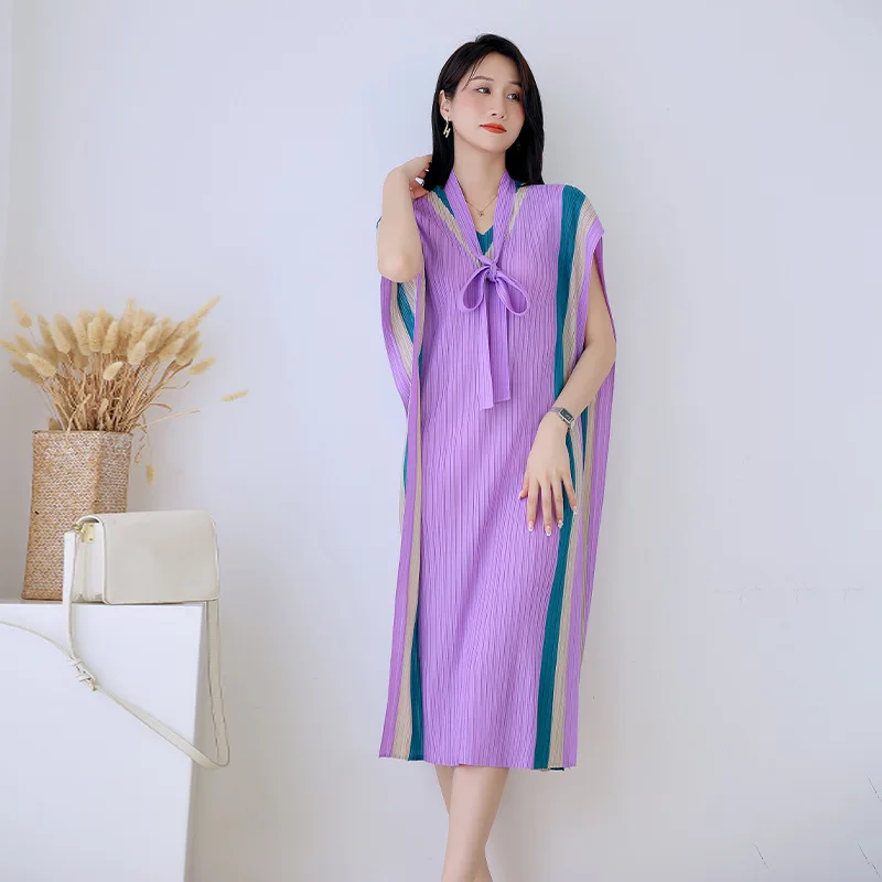 

Miyake Pleated Plump Girls Lace-up Dress for Women 2022summer New Women's Large Size Slimming Sleeveless Age-Reducing Dress