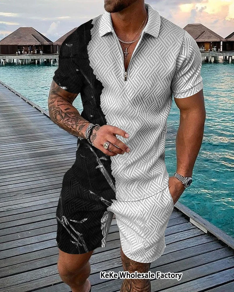 Men's Zipper Polo Shirt+Shorts 2Piece Set Vintage T Shirt Lapel Tees New Short Sleeve Outfits Man Clothes Tops Pants Suit