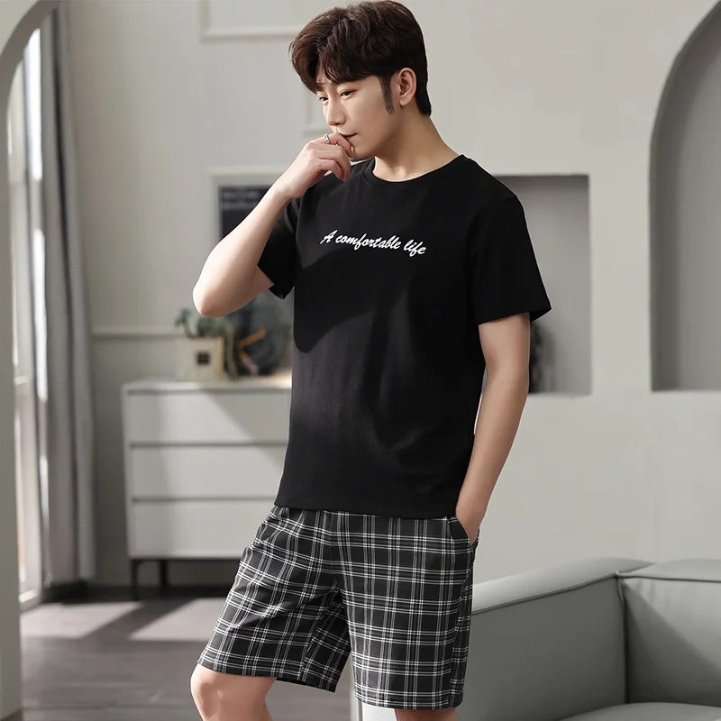 

Summer 100%Cotton Men's Pajamas Set Short Tops+Short Pants Two Pieces Set Pyjamas Casual Loose Plus Size L-4XL Sleepwear