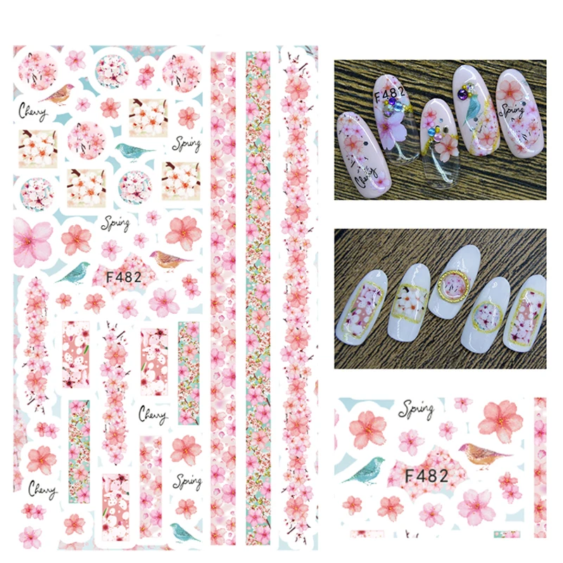 Colorful Flower Lines Pink Nail Art Stickers 3D Love Bows Self Adhesive Nail Art Decoration Slider Nail Art Beauty Accessories