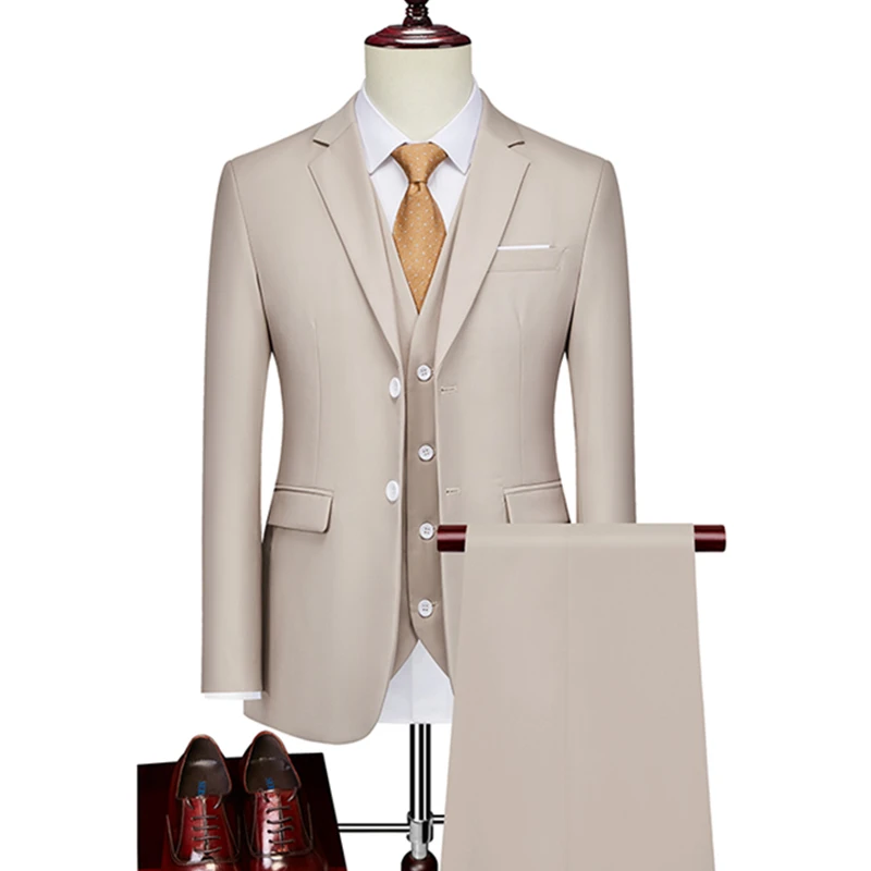 

2022 Fashion New Men's Casual Boutique Slim Two Buttons Solid Color Business Wedding Suit 3 Pcs Set Dress Blazers Pants Vest