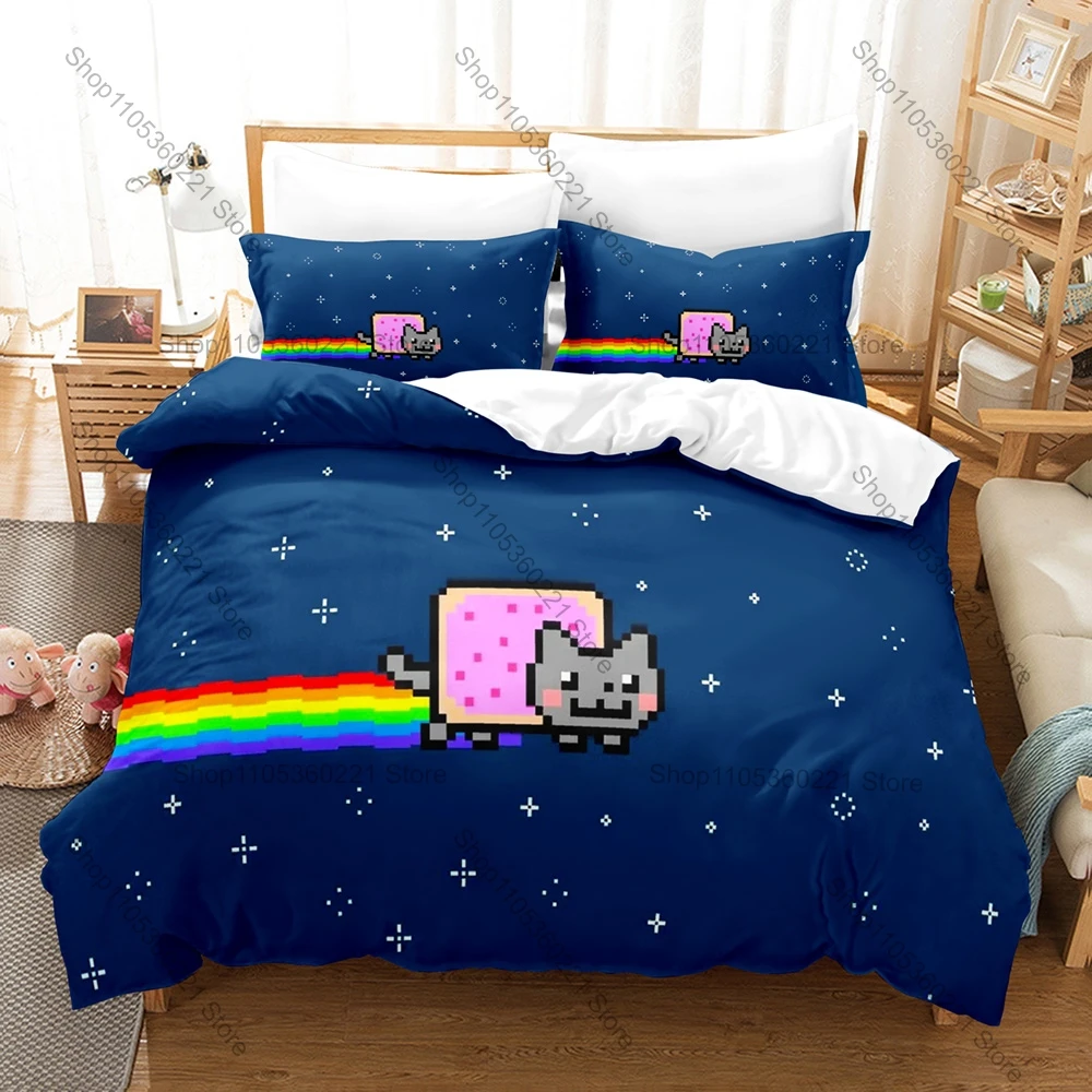 Фото Комплект постельного белья с мемом Rainbow Alien Nyan Cat: 1 пододеяльник + 2 наволочки, милый интернет-мем, мультяшный дизайн, подарок, домашний текстиль №1
