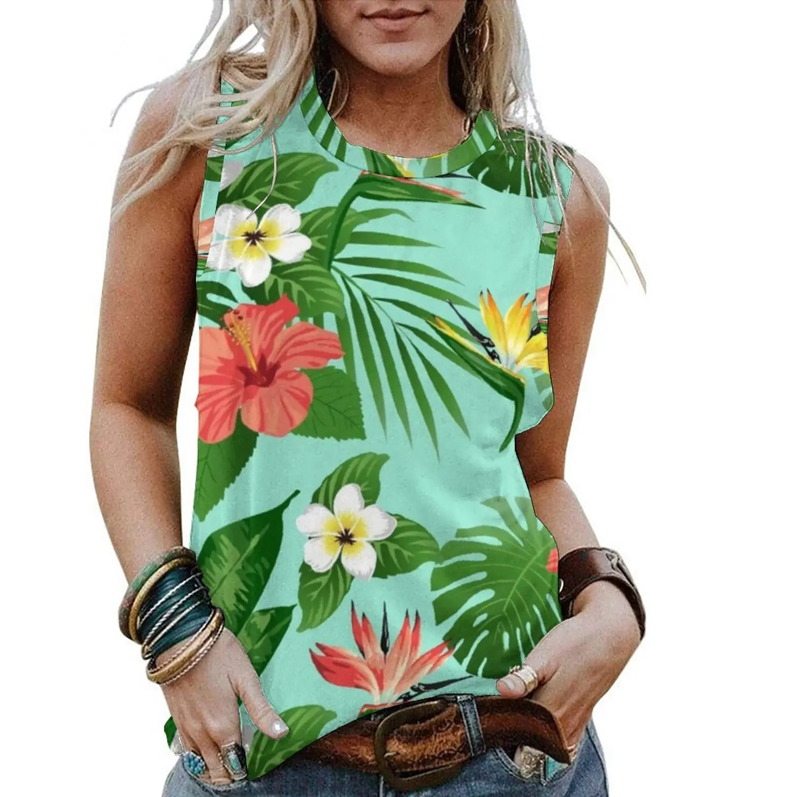 

Великолепная майка с тропическим цветочным принтом, пикантный жилет с гавайским цветком, модные корейские майки без рукавов с принтом, трен...