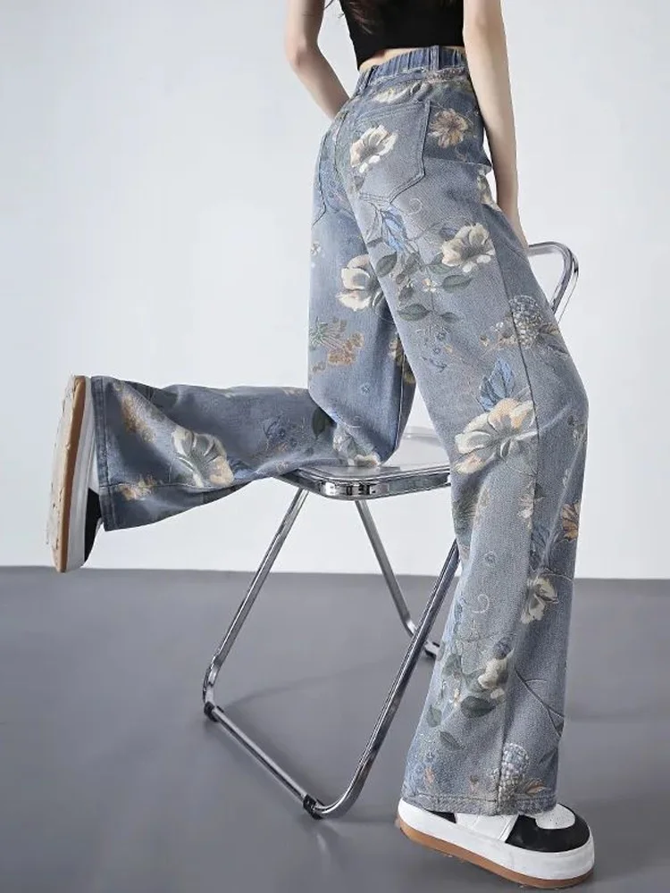 

Chinese -style Flowers Pattern Jeans Girl Loose Y2K Jeans Casual Street Hip -hop Ladies Jeans Printed on The Street Jeans