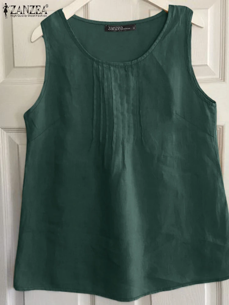 Винтажная однотонная летняя блузка ZANZEA без рукавов с круглым вырезом стильная