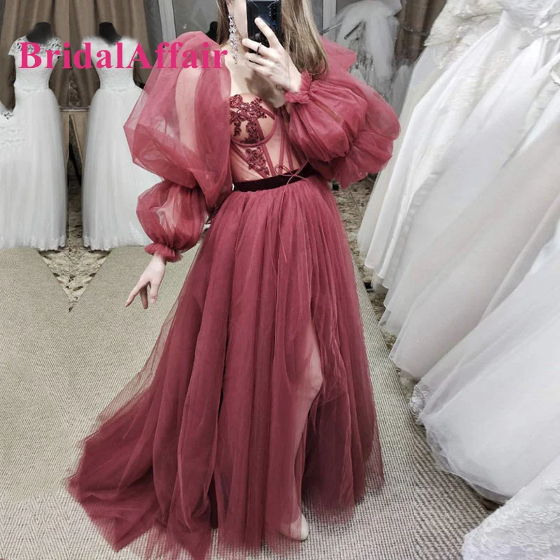 

BridalAffair Burgundy Arabic Prom Dresses 2023 Appliques Long Puffy Sleeves Side Split Tulle Dubai Evening Gown Party Dress