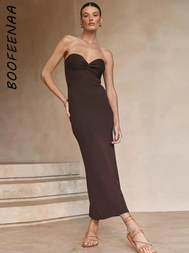 

BOOFEENAA Solid Ribbed Tube Top Bodycon Maxi Dress Sexy Elegant French Vacation Summer Dresses 2022 Women Party Outfits C83-CB28