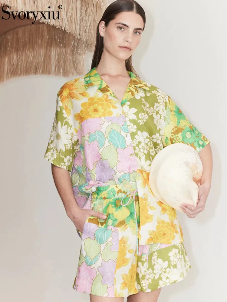 

Svoryxiu Summer Fashion Vintage Gorgeous Print Shorts Suit Women's Short sleeve Button Shirt+Drawstring Elastic Waist Shorts