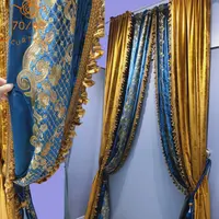 High-grade Retro Blue Embroidery Velvet Stitching Blackout Curtains for Living Room Bedroom Dining Room Partition Curtain Custom